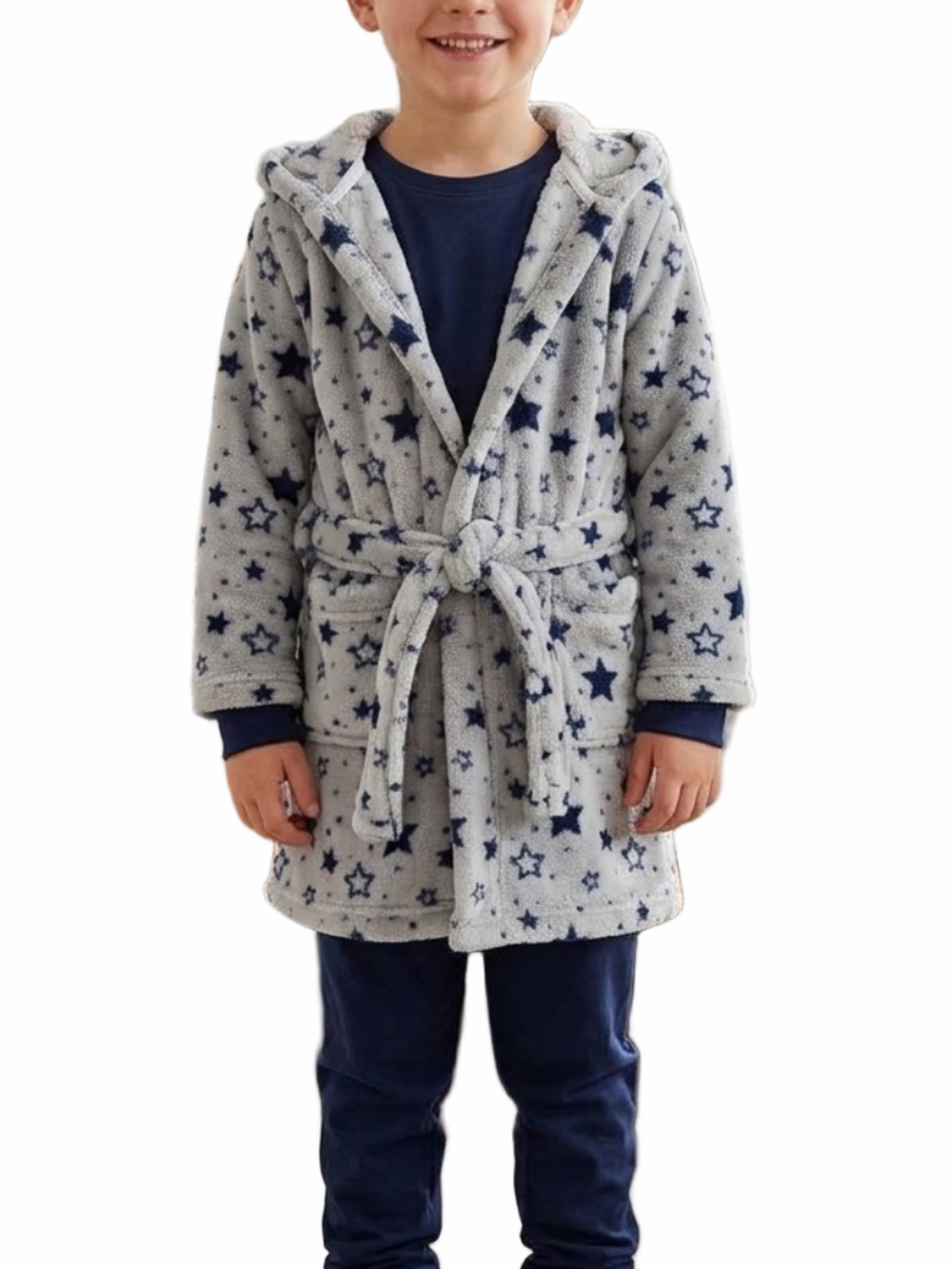 INDIGO kids grey navy blue star hooded plush belted bath robe 6-8